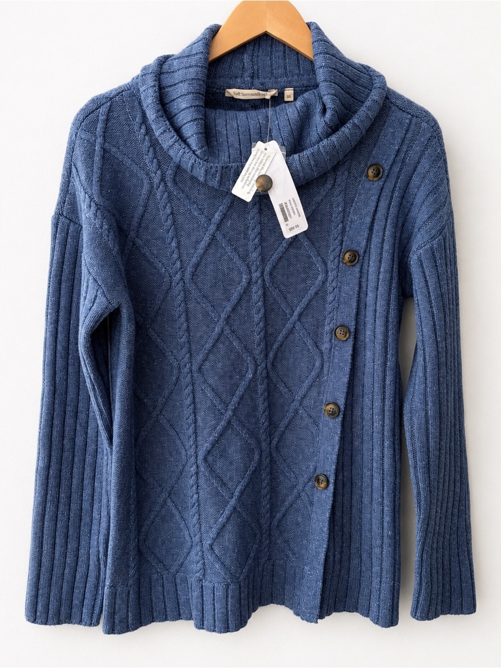 Soft Surroundings Audette Sweater XS Blue Cowl Neck Cable Knit Pullover NWT
